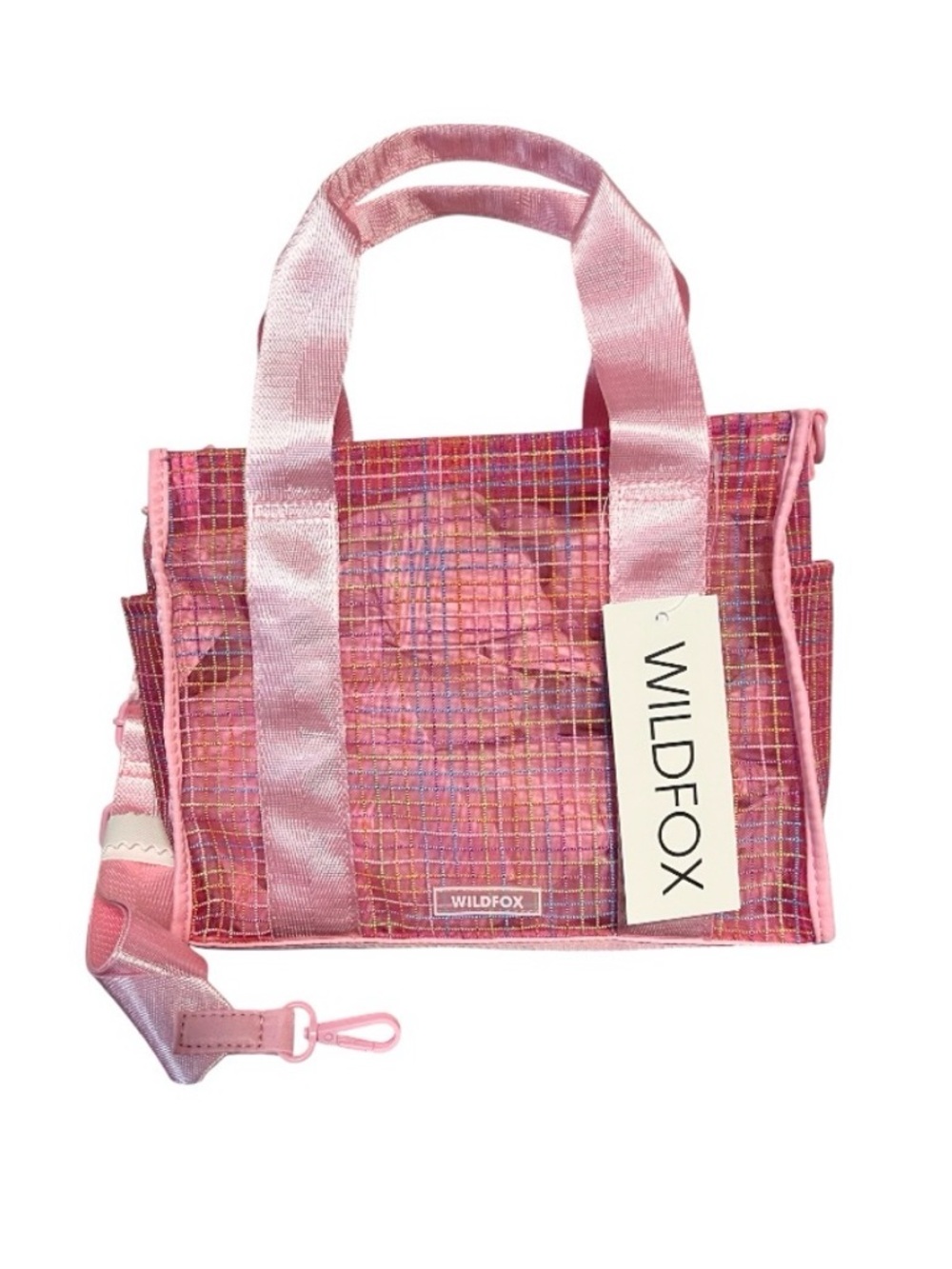 Wildfox Pink multi semi see through Grid Tote Satin Handles & shoulder strap NWT